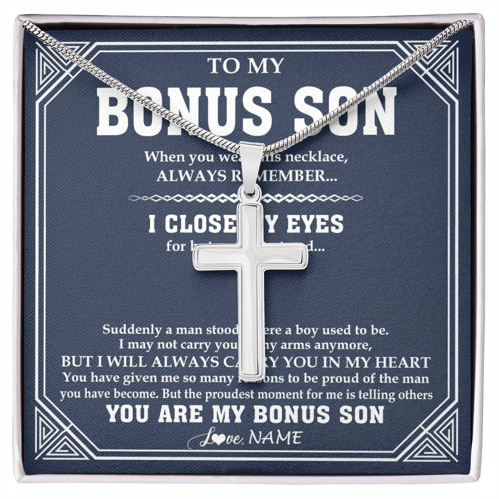 Stainless Cross Necklace Stainless Steel | 1 | Personalized To My Bonus Son Necklace From Stepmom Stepdad Suddenly A Man Jewelry Stepson Birthday Gifts Graduation Christmas Customized Gift Box Message Card | siriusteestore