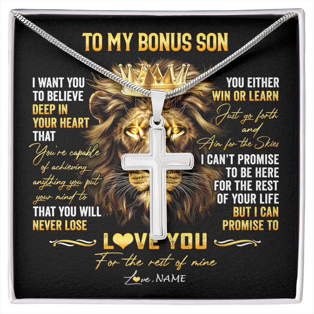 Stainless Cross Necklace Stainless Steel | 1 | Personalized To My Bonus Son Necklace From Stepmom Stepdad You Will Never Lose Lion Stepson Birthday Graduation Christmas Customized Gift Box Message Card | siriusteestore