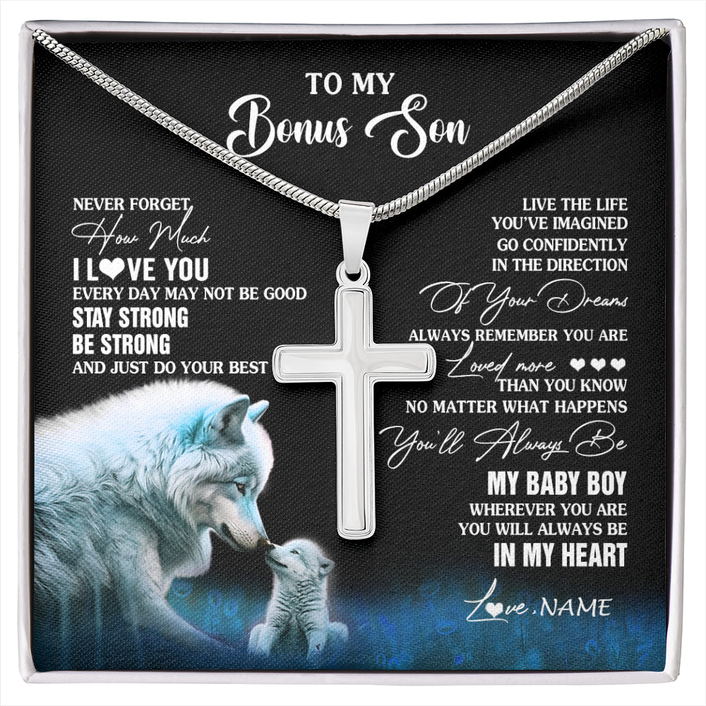 Stainless Cross Necklace Stainless Steel | 1 | Personalized To My Bonus Son Necklace From Stepmom Wolf Never Forget How Much I Love You Stepson Birthday Gifts Christmas Customized Gift Box Message Card | siriusteestore