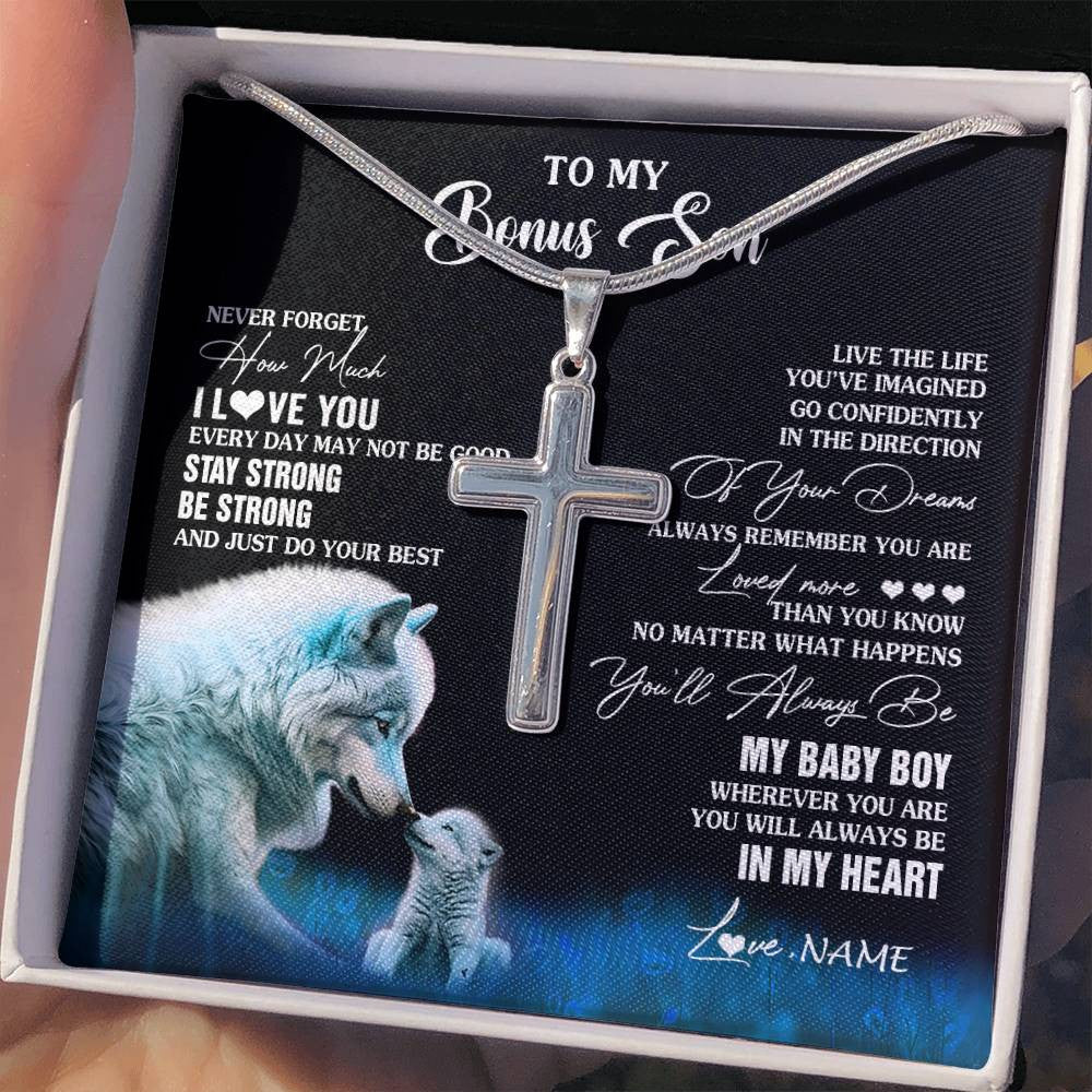 Stainless Cross Necklace Stainless Steel | 2 | Personalized To My Bonus Son Necklace From Stepmom Wolf Never Forget How Much I Love You Stepson Birthday Gifts Christmas Customized Gift Box Message Card | siriusteestore
