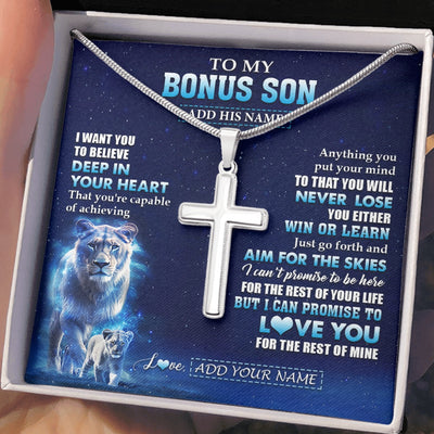 Stainless Cross Necklace Stainless Steel | 2 | Personalized To My Bonus Son Necklace From Stepmother Believe Your Heart Stepson Gift Birthday Graduation Christmas Customized Gift Box Message Card | siriusteestore.myshopify