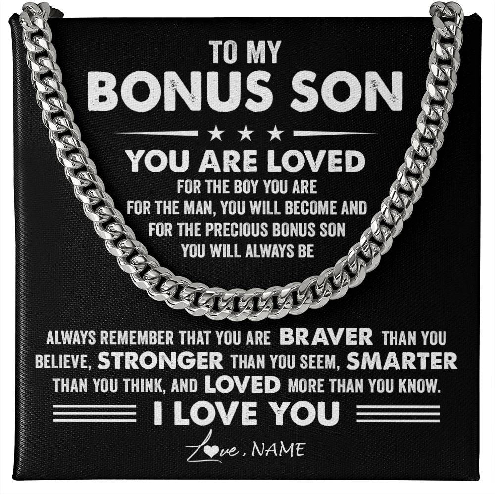 Cuban Link Chain Necklace Stainless Steel | 1 | Personalized To My Bonus Son Necklace From Stepmother Father Cuban Chain You Are Loved Stepson Birthday Graduation Christmas Customized Gift Box Message Card | siriusteestore