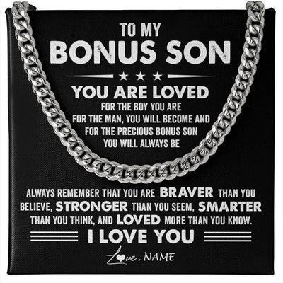 Cuban Link Chain Necklace Stainless Steel | 1 | Personalized To My Bonus Son Necklace From Stepmother Father Cuban Chain You Are Loved Stepson Birthday Graduation Christmas Customized Gift Box Message Card | siriusteestore