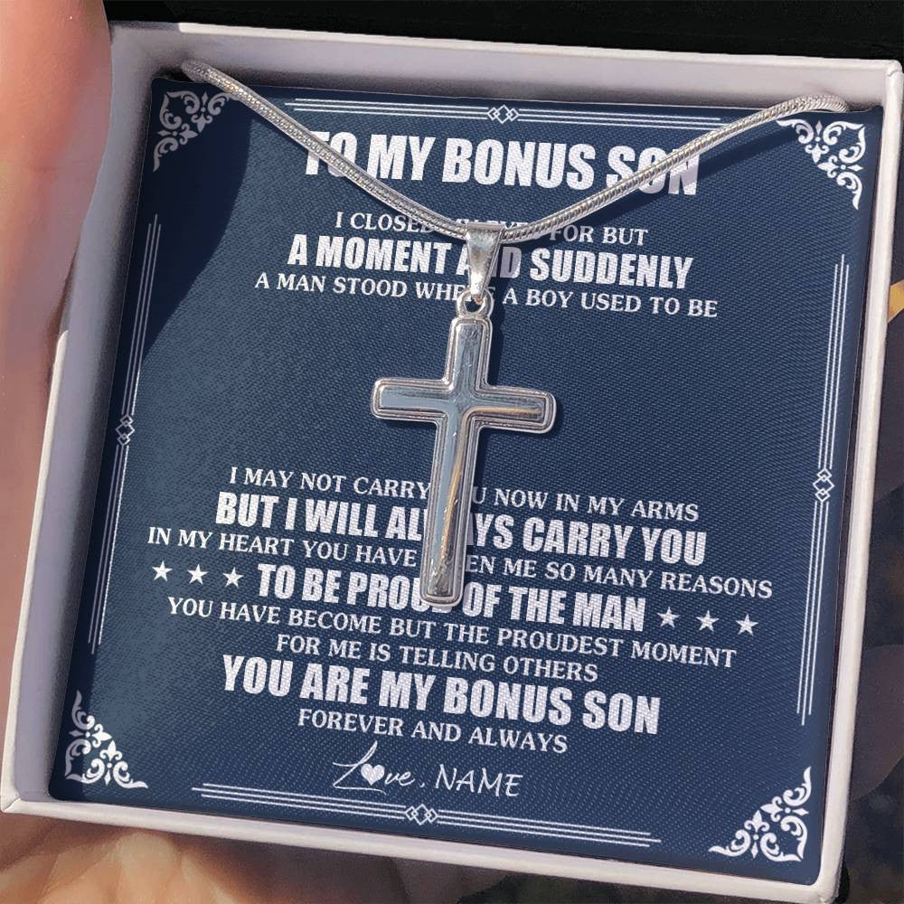 Stainless Cross Necklace Stainless Steel | 2 | Personalized To My Bonus Son Necklace From Stepmother Father I Close My Eyes Gifts For Stepson Birthday Graduation Christmas Customized Gift Box Message Card | siriusteestore