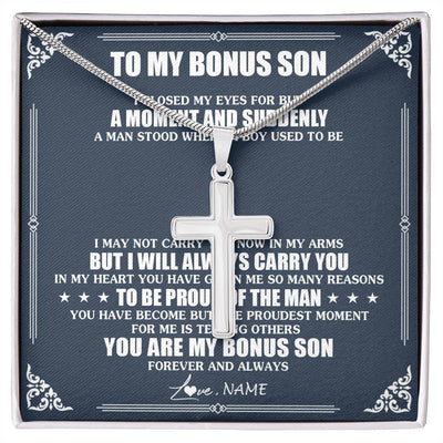 Stainless Cross Necklace Stainless Steel | 1 | Personalized To My Bonus Son Necklace From Stepmother Father I Close My Eyes Gifts For Stepson Birthday Graduation Christmas Customized Gift Box Message Card | siriusteestore