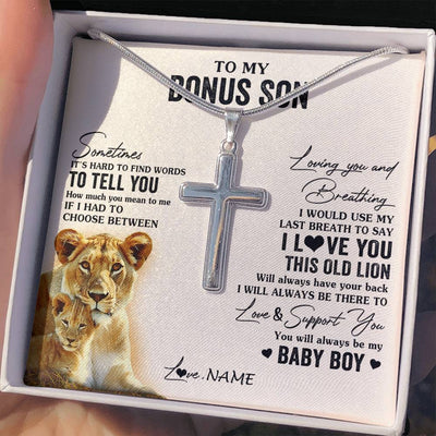 Stainless Cross Necklace Stainless Steel | 2 | Personalized To My Bonus Son Necklace From Stepmother I Love You This Old Lion Stepson Birthday Graduation Christmas Customized Gift Box Message Card | siriusteestore