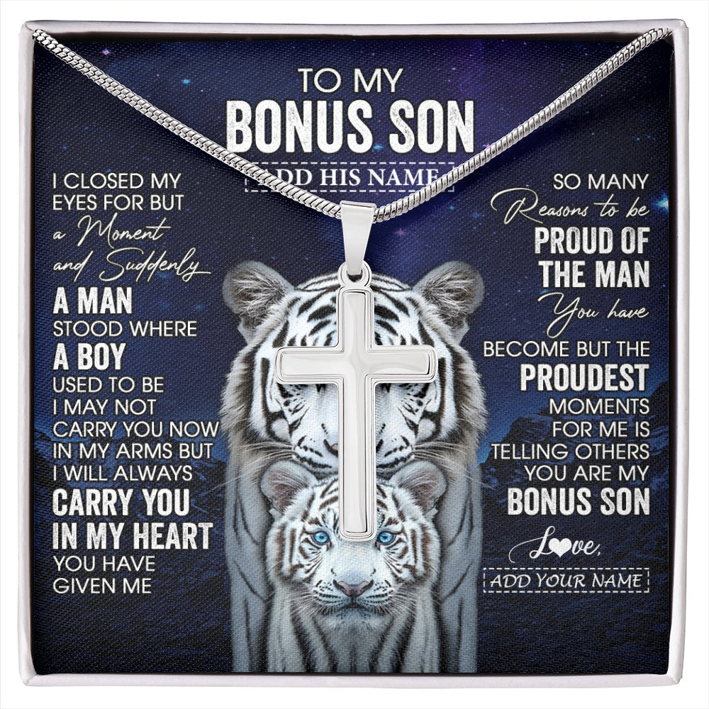 Stainless Cross Necklace Stainless Steel | 1 | Personalized To My Bonus Son Necklace From Stepmother Stepdad I Close My Eyes White Tiger Stepson Birthday Gift Christmas Jewelry Gift Box Message Card | https://siriusteestore.