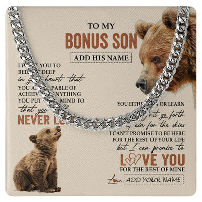 Cuban Link Chain Necklace Stainless Steel | 1 | Personalized To My Bonus Son Necklace From Stepmother Stepdad You Will Never Lose Bear Stepson Birthday Gifts Graduation Christmas Custom Gift Box Message Card | siriusteestore.myshopify