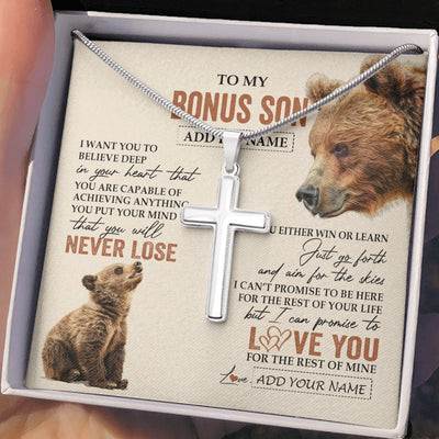 Stainless Cross Necklace Stainless Steel | 2 | Personalized To My Bonus Son Necklace From Stepmother Stepdad You Will Never Lose Bear Stepson Birthday Gifts Graduation Christmas Custom Gift Box Message Card | siriusteestore.myshopify
