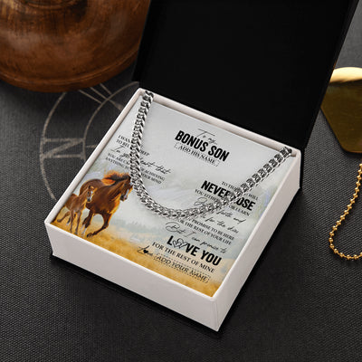 Cuban Link Chain Necklace Stainless Steel | 2 | Personalized To My Bonus Son Necklace From Stepmother Stepdad You Will Never Lose Horse Stepson Birthday Gifts Christmas Customized Gift Box Message Card | siriusteestore