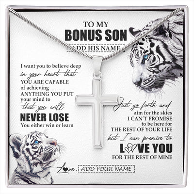 Stainless Cross Necklace Stainless Steel | 1 | Personalized To My Bonus Son Necklace From Stepmother Stepdad You Will Never Lose White Tiger Stepson Birthday Gifts Christmas Custom Gift Box Message Card | siriusteestore