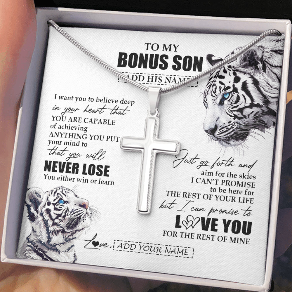 Stainless Cross Necklace Stainless Steel | 2 | Personalized To My Bonus Son Necklace From Stepmother Stepdad You Will Never Lose White Tiger Stepson Birthday Gifts Christmas Custom Gift Box Message Card | siriusteestore