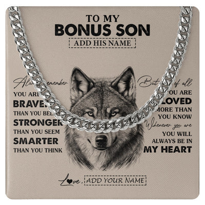Cuban Link Chain Necklace Stainless Steel | 1 | Personalized To My Bonus Son Necklace From Stepmother Stepfather Wolf Braver Stronger Smarter Stepson Birthday Graduation Christmas Gift Box Message Card | siriusteestore.myshopify