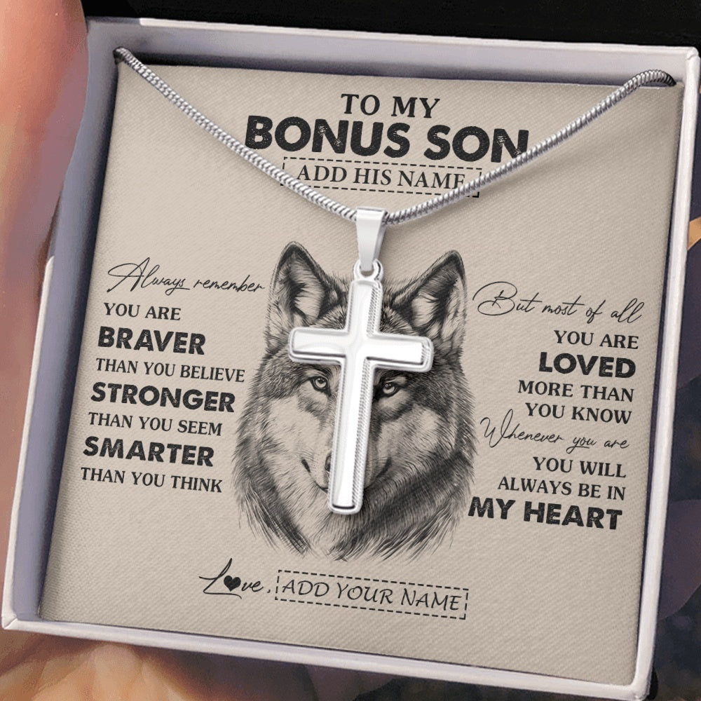 Stainless Cross Necklace Stainless Steel | 2 | Personalized To My Bonus Son Necklace From Stepmother Stepfather Wolf Braver Stronger Smarter Stepson Birthday Graduation Christmas Gift Box Message Card | siriusteestore.myshopify