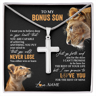 Stainless Cross Necklace Stainless Steel | 1 | Personalized To My Bonus Son Necklace From Stepmother Stepmom You Will Never Lose Lion Stepson Birthday Gifts Graduation Christmas Gift Box Message Card | siriusteestore