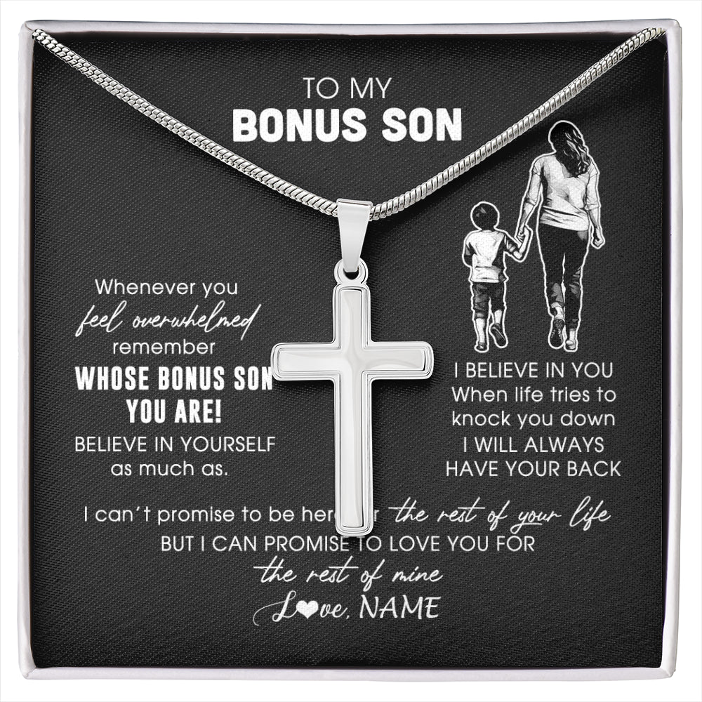 Stainless Cross Necklace Stainless Steel | 1 | Personalized To My Bonus Son Necklace From Stepmother Whenever You Feel Overwhelmed Stepson Jewelry Birthday Christmas Customized Gift Box Message Card | siriusteestore
