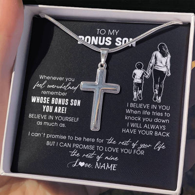 Stainless Cross Necklace Stainless Steel | 2 | Personalized To My Bonus Son Necklace From Stepmother Whenever You Feel Overwhelmed Stepson Jewelry Birthday Christmas Customized Gift Box Message Card | siriusteestore