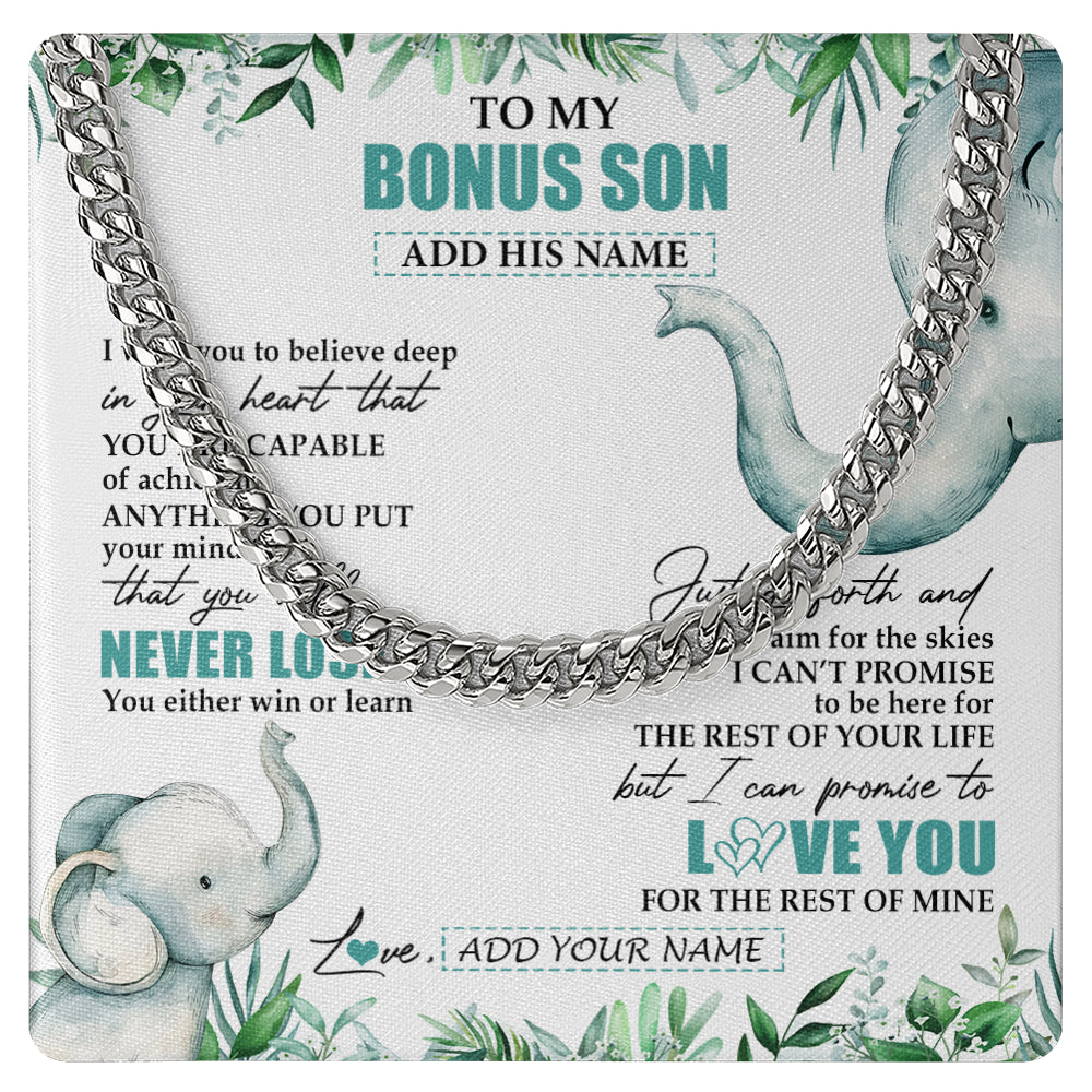 Cuban Link Chain Necklace Stainless Steel | 1 | Personalized To My Bonus Son Necklace From Stepmother You Will Never Lose Elephant Stepson Birthday Gifts Graduation Christmas Custom Gift Box Message Card | siriusteestore