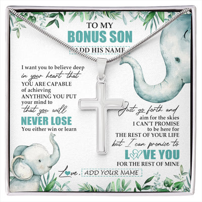 Stainless Cross Necklace Stainless Steel | 1 | Personalized To My Bonus Son Necklace From Stepmother You Will Never Lose Elephant Stepson Birthday Gifts Graduation Christmas Custom Gift Box Message Card | siriusteestore