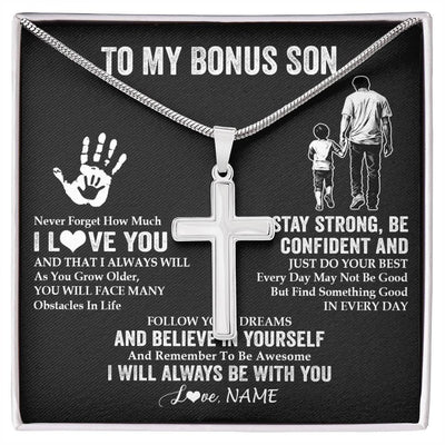 Stainless Cross Necklace Stainless Steel | 1 | Personalized To My Bonus Son Necklace I Love You Forever From Stepdad Stepson Birthday Gifts Christmas Graduation Customized Gift Box Message Card | siriusteestore