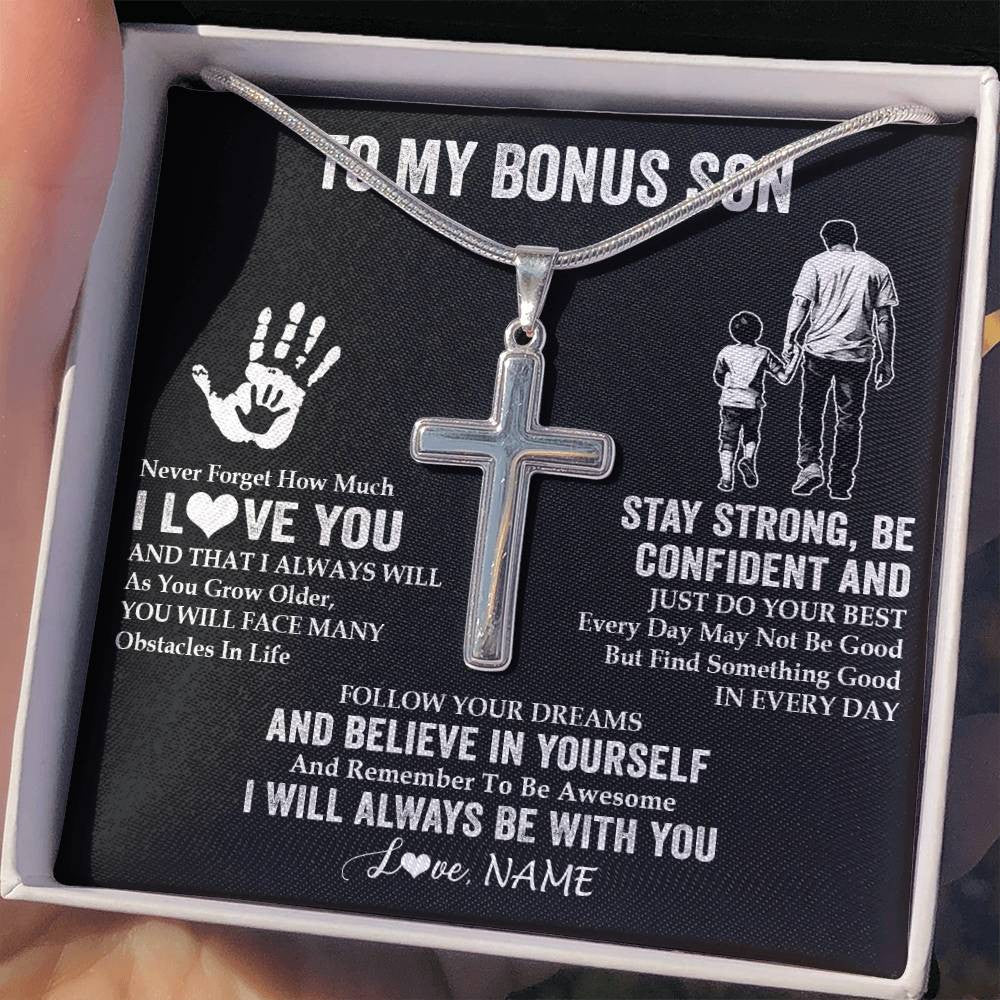 Stainless Cross Necklace Stainless Steel | 2 | Personalized To My Bonus Son Necklace I Love You Forever From Stepdad Stepson Birthday Gifts Christmas Graduation Customized Gift Box Message Card | siriusteestore