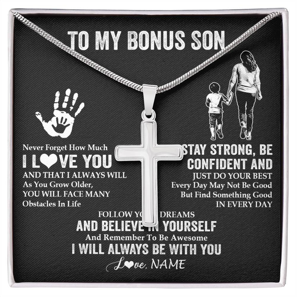 Stainless Cross Necklace Stainless Steel | 1 | Personalized To My Bonus Son Necklace I Love You Forever From Stepmom Stepson Birthday Gifts Christmas Graduation Customized Gift Box Message Card | siriusteestore