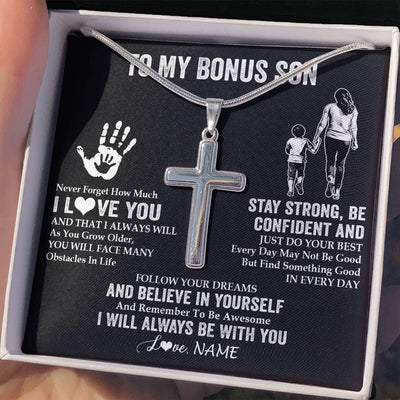 Stainless Cross Necklace Stainless Steel | 2 | Personalized To My Bonus Son Necklace I Love You Forever From Stepmom Stepson Birthday Gifts Christmas Graduation Customized Gift Box Message Card | siriusteestore