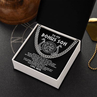Cuban Link Chain Necklace Stainless Steel | 2 | Personalized To My Bonus Son Necklace Viking Never Feel You Are Alone Odin Scandinavian Norse Runes Stepson Birthday Christmas Customized Gift Box Message Card | siriusteestore