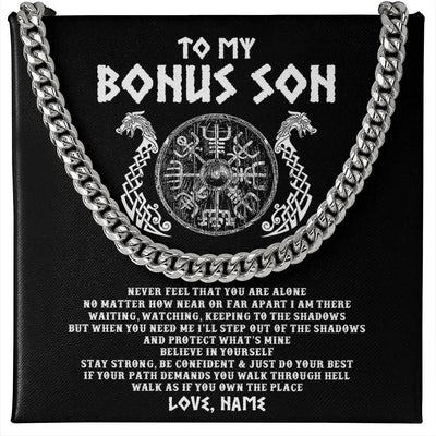 Cuban Link Chain Necklace Stainless Steel | 1 | Personalized To My Bonus Son Necklace Viking Never Feel You Are Alone Odin Scandinavian Norse Runes Stepson Birthday Christmas Customized Gift Box Message Card | siriusteestore