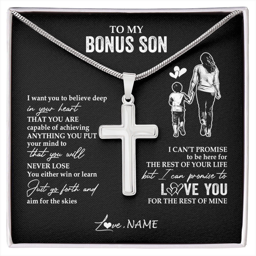 Stainless Cross Necklace Stainless Steel | 1 | Personalized To My Bonus Son Necklace You Will Never Lose From Stepmother Stepmom Stepson Birthday Gifts Graduation Christmas Customized Gift Box Message Card | siriusteestore