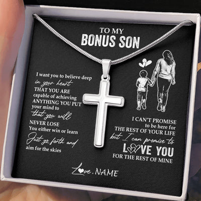 Stainless Cross Necklace Stainless Steel | 2 | Personalized To My Bonus Son Necklace You Will Never Lose From Stepmother Stepmom Stepson Birthday Gifts Graduation Christmas Customized Gift Box Message Card | siriusteestore