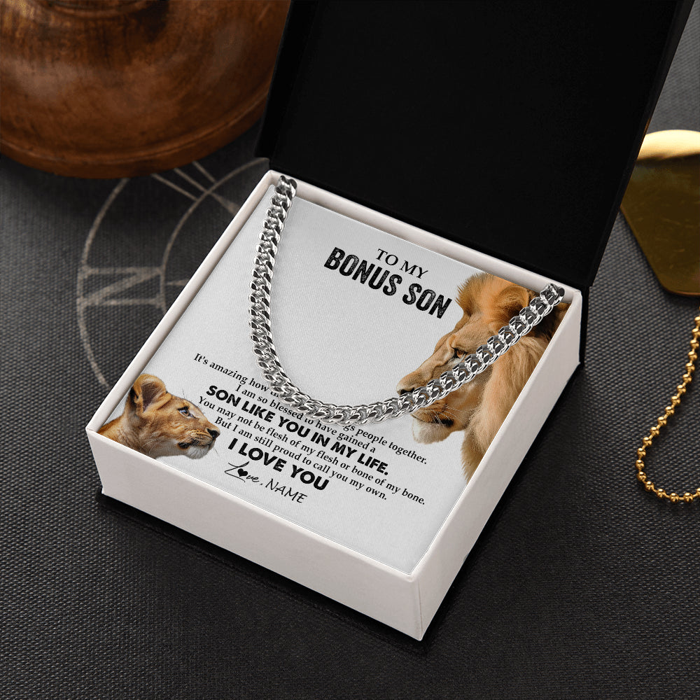 Cuban Link Chain Necklace Stainless Steel | 2 | Personalized To My Bonus Son Necklace from Stepfather Lion I Love You Stepchild Adopted Son Stepson Birthday Christmas Customized Gift Box Message Card | siriusteestore