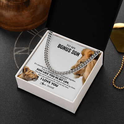 Cuban Link Chain Necklace Stainless Steel | 2 | Personalized To My Bonus Son Necklace from Stepfather Lion I Love You Stepchild Adopted Son Stepson Birthday Christmas Customized Gift Box Message Card | siriusteestore