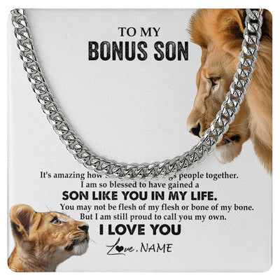 Cuban Link Chain Necklace Stainless Steel | 1 | Personalized To My Bonus Son Necklace from Stepfather Lion I Love You Stepchild Adopted Son Stepson Birthday Christmas Customized Gift Box Message Card | siriusteestore