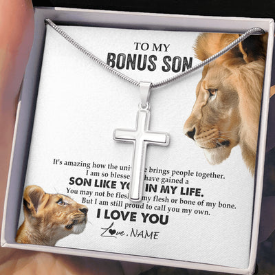 Stainless Cross Necklace Stainless Steel | 2 | Personalized To My Bonus Son Necklace from Stepfather Lion I Love You Stepchild Adopted Son Stepson Birthday Christmas Customized Gift Box Message Card | siriusteestore