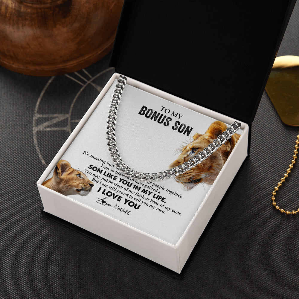 Cuban Link Chain Necklace Stainless Steel | 2 | Personalized To My Bonus Son Necklace from Stepmother Lion I Love You Stepchild Adopted Son Stepson Birthday Christmas Customized Gift Box Message Card | siriusteestore