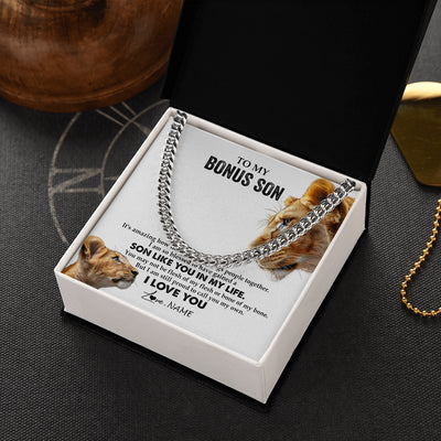 Cuban Link Chain Necklace Stainless Steel | 2 | Personalized To My Bonus Son Necklace from Stepmother Lion I Love You Stepchild Adopted Son Stepson Birthday Christmas Customized Gift Box Message Card | siriusteestore