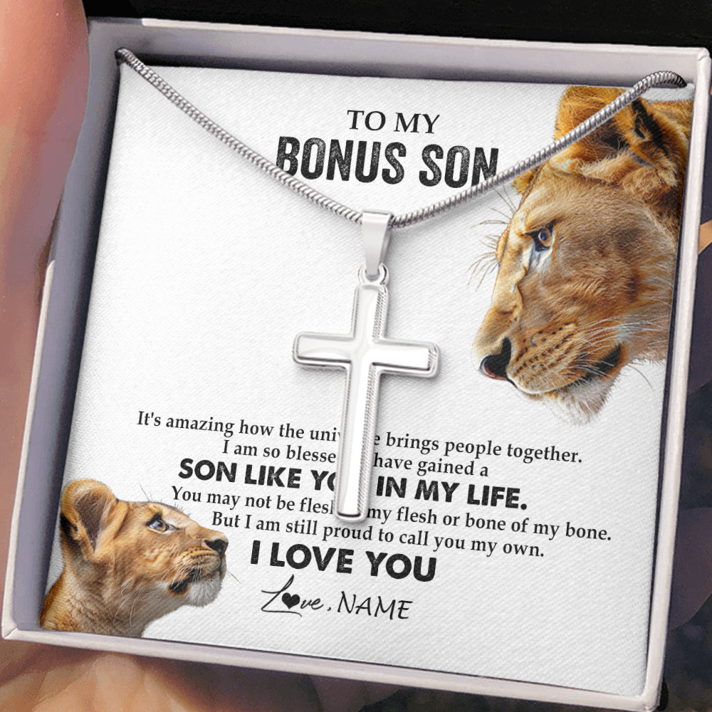 Stainless Cross Necklace Stainless Steel | 2 | Personalized To My Bonus Son Necklace from Stepmother Lion I Love You Stepchild Adopted Son Stepson Birthday Christmas Customized Gift Box Message Card | siriusteestore