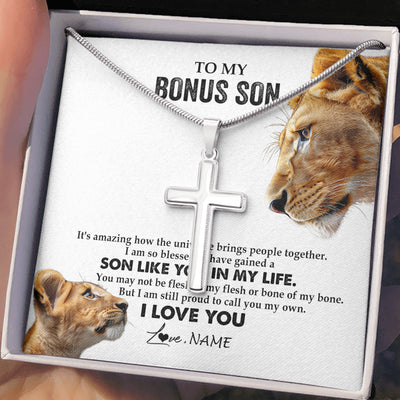 Stainless Cross Necklace Stainless Steel | 2 | Personalized To My Bonus Son Necklace from Stepmother Lion I Love You Stepchild Adopted Son Stepson Birthday Christmas Customized Gift Box Message Card | siriusteestore