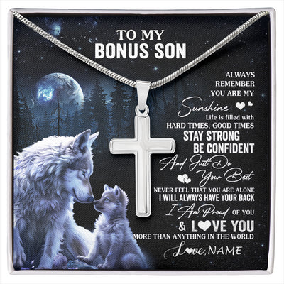 Stainless Cross Necklace Stainless Steel | 1 | Personalized To My Bonus Son Wolf Necklace From Step Mom Stepdad Always Remember Step Son Birthday Graduation Christmas Customized Gift Box Message Card | siriusteestore