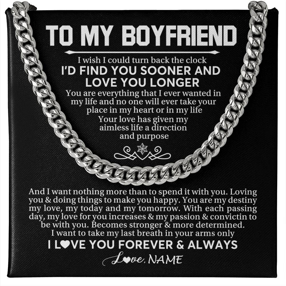 Cuban Link Chain Necklace Stainless Steel | 1 | Personalized To My Boyfriend Cuban Necklace I'd Find You Sooner Love You Longer Boyfriend Birthday Anniversary Day Christmas Customized Gift Box Message Card | siriusteestore
