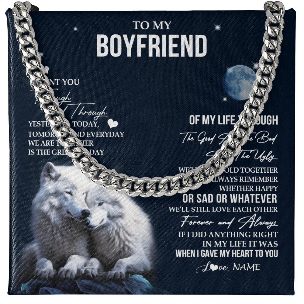 Cuban Link Chain Necklace Stainless Steel | 1 | Personalized To My Boyfriend Necklace From Girlfriend I Want You Wolf Boyfriend Birthday Anniversary Valentines Day Christmas Customized Gift Box Message Card | siriusteestore