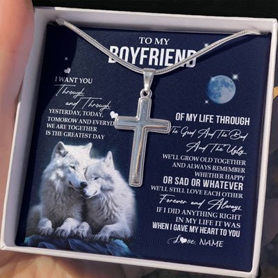 Stainless Cross Necklace Stainless Steel | 2 | Personalized To My Boyfriend Necklace From Girlfriend I Want You Wolf Boyfriend Birthday Anniversary Valentines Day Christmas Customized Gift Box Message Card | siriusteestore