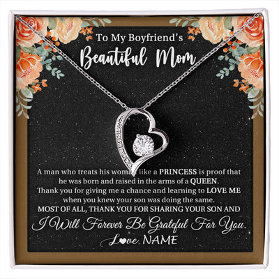 Forever Love Necklace 14K White Gold Finish | 1 | Personalized To My Boyfriend's Beautiful Mom Necklace Thank You Future Mother In Law Boyfriends Mothers Day Birthday Christmas Customized Gift Box Message Card | siriusteestore