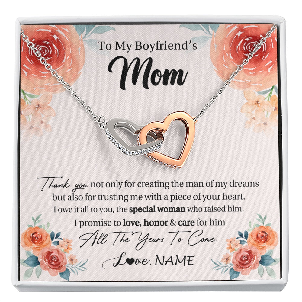 Interlocking Hearts Necklace Stainless Steel & Rose Gold Finish | 1 | Personalized To My Boyfriend's Mom Gifts Necklace Thank You Birthday Gifts For Boyfriends Mom Mother In Law Mothers Day Jewelry Gift Box Message Card | https://siriusteestore.