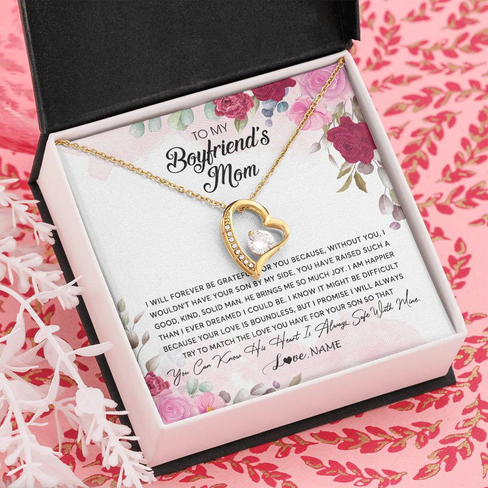 Forever Love Necklace 18K Yellow Gold Finish | Personalized To My Boyfriend's Mom Necklace Flower Forever Be Grateful Boyfriend's Mom Birthday Mother's Day Pendant Jewelry Customized Gift Box Message Card | siriusteestore