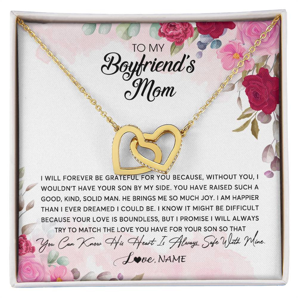 Interlocking Hearts Necklace 18K Yellow Gold Finish | Personalized To My Boyfriend's Mom Necklace Flower Forever Be Grateful Boyfriend's Mom Birthday Mother's Day Pendant Jewelry Customized Gift Box Message Card | siriusteestore