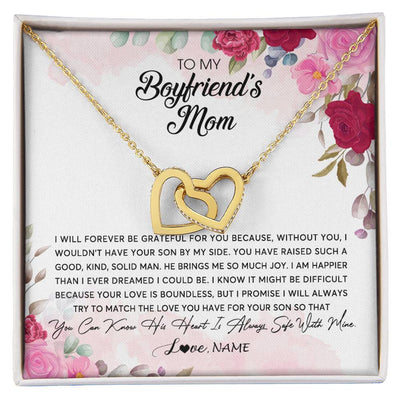 Interlocking Hearts Necklace 18K Yellow Gold Finish | Personalized To My Boyfriend's Mom Necklace Flower Forever Be Grateful Boyfriend's Mom Birthday Mother's Day Pendant Jewelry Customized Gift Box Message Card | siriusteestore