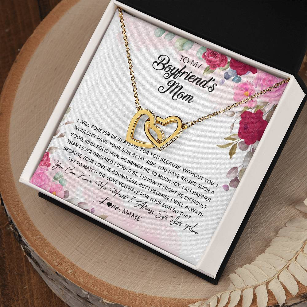 Interlocking Hearts Necklace 18K Yellow Gold Finish | Personalized To My Boyfriend's Mom Necklace Flower Forever Be Grateful Boyfriend's Mom Birthday Mother's Day Pendant Jewelry Customized Gift Box Message Card | siriusteestore