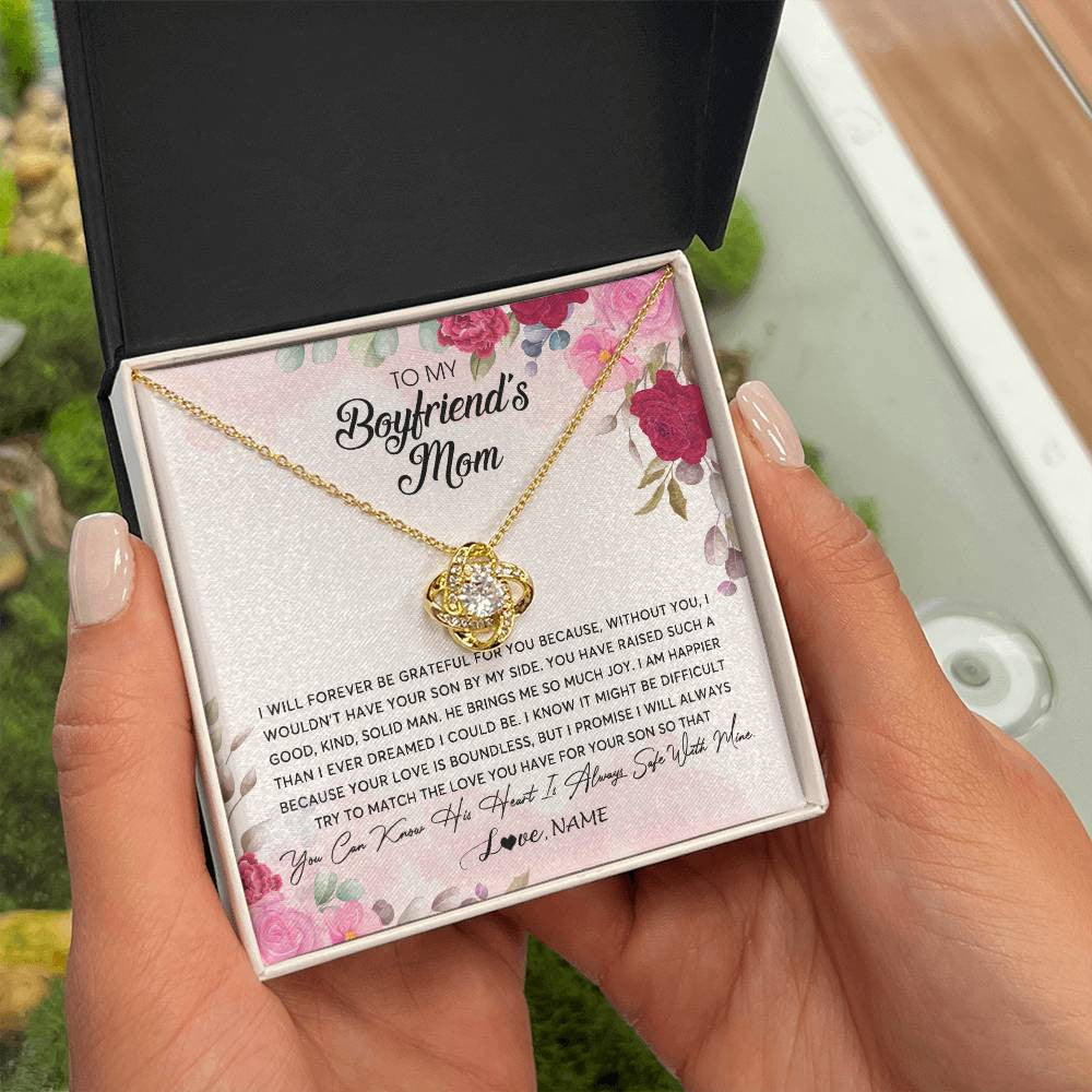 Love Knot Necklace 18K Yellow Gold Finish | Personalized To My Boyfriend's Mom Necklace Flower Forever Be Grateful Boyfriend's Mom Birthday Mother's Day Pendant Jewelry Customized Gift Box Message Card | siriusteestore